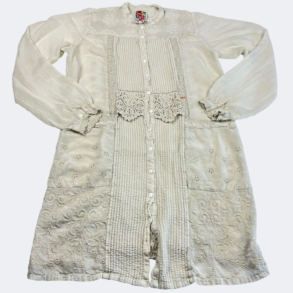 Johnny Was Embroidered Tunic Top Dress Ivory Eyelet Boho Patchwork Artsy Small